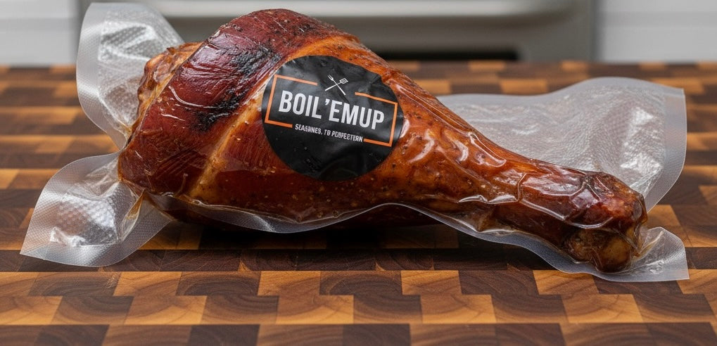 Vacuum-sealed meat product with 'Boil 'Em Up' label on a wooden surface