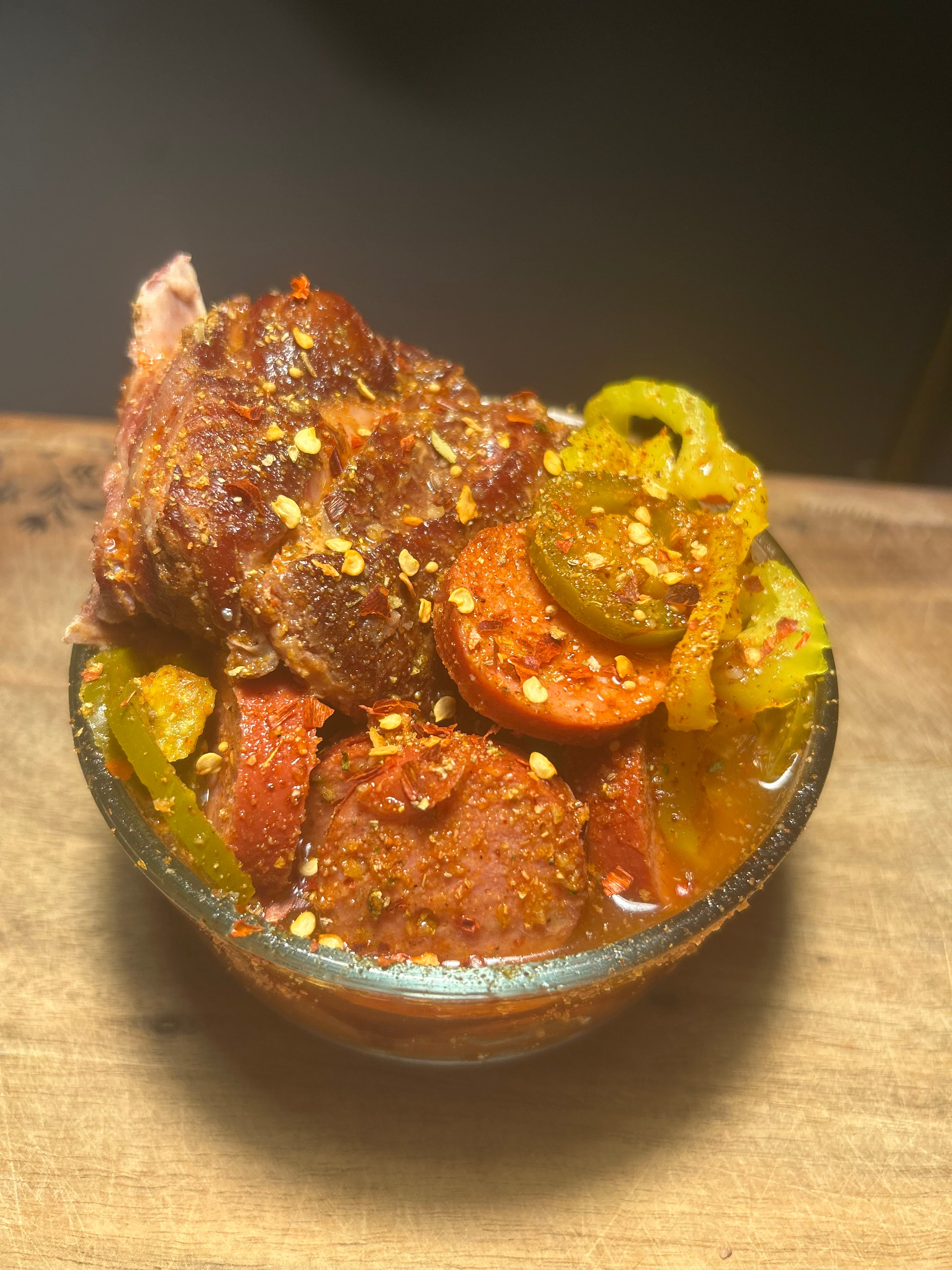 Spicy Southern Bowl with Smoked Neck Bones, Pork Hot Sausage, Jalapeños & Banana Peppers