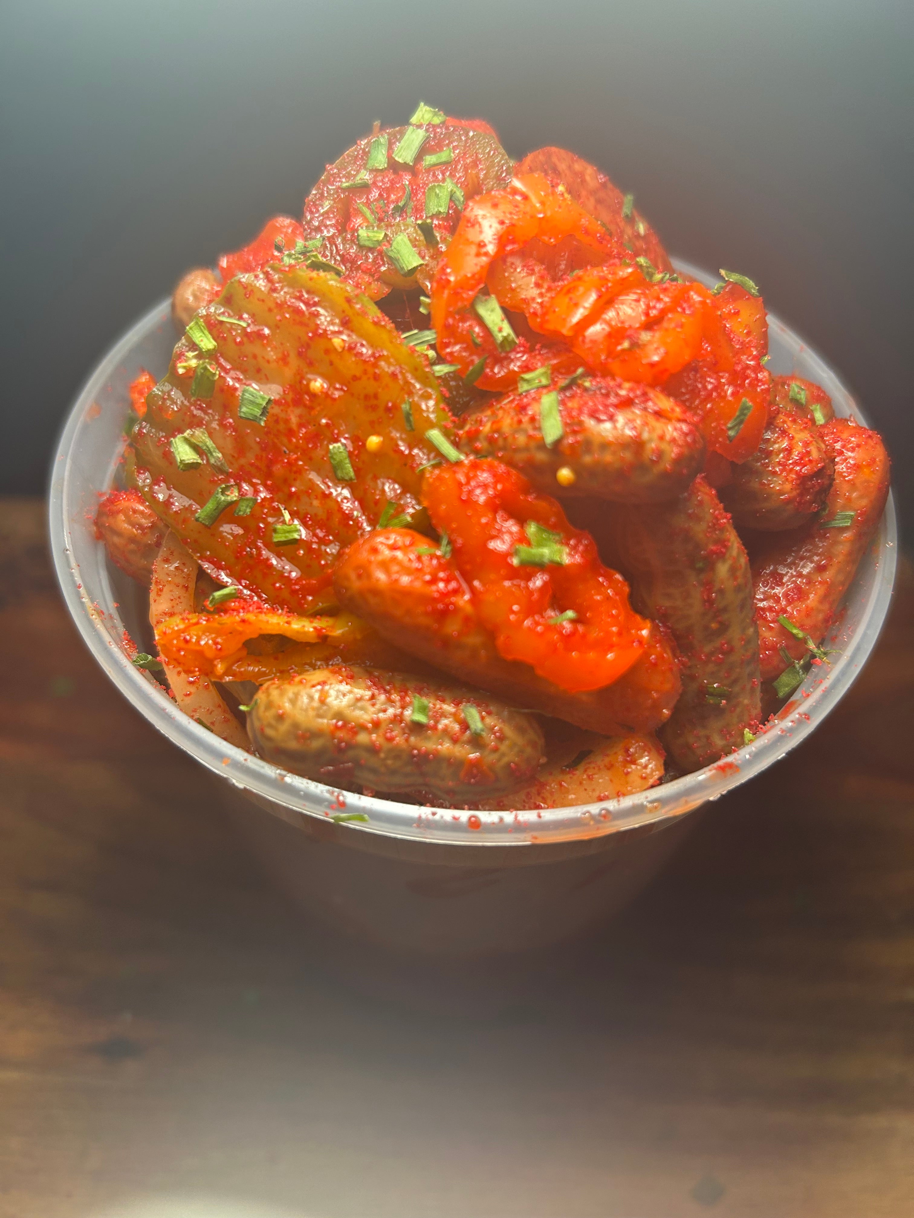 Spicy Cajun Peanut Bowl – Slow-Cooked Boiled Peanuts with Jalapeños, Sausage, Eggs, Banana Peppers & Pickles